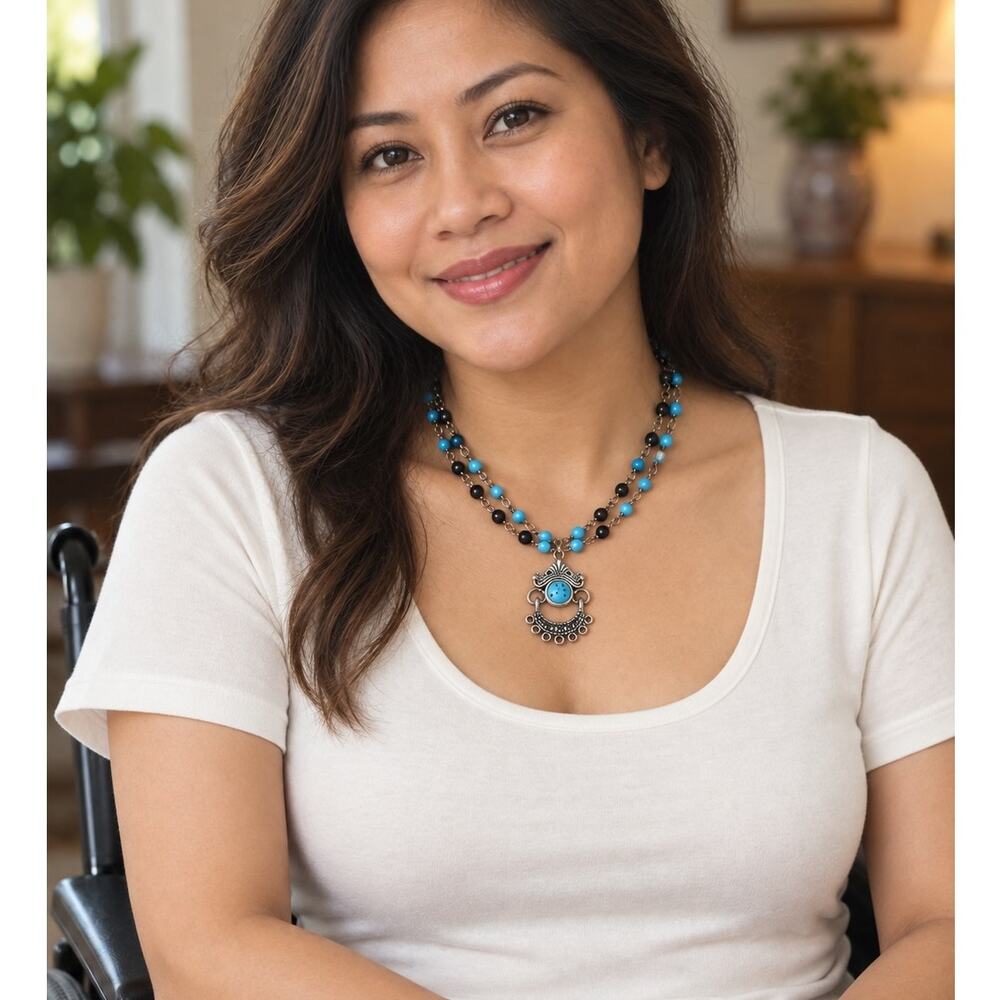 Double Strand Turquoise Colored and Black Bead Necklace